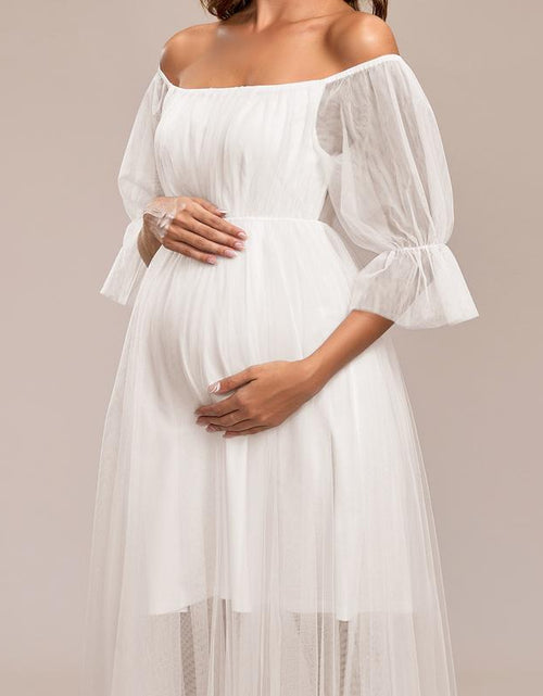 Load image into Gallery viewer, EVER PRETTY Sheer Off-Shoulder Double Skirt Maxi Maternity Dress below the Ankle Square Neckline Long Sleeves Concealed Zipper Back 20862
