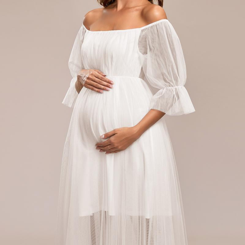 EVER PRETTY Sheer Off-Shoulder Double Skirt Maxi Maternity Dress below the Ankle Square Neckline Long Sleeves Concealed Zipper Back 20862