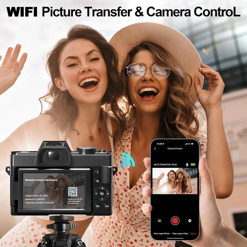 NBD 48MP Digital Cameras - 4K 16X Zoom Travel Camera with 180° Flip Screen, Auto Focus, Macro Lens, 2 Batteries & 32GB SD Card (Black) Tech Gadgets