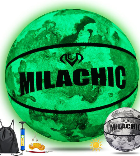 Glow in the Dark Basketball - Glowing Leather Green Light up Gift for Teenagers, Men, Women - Indoor-Outdoor Night Game with Pump (Size 5/6/7)