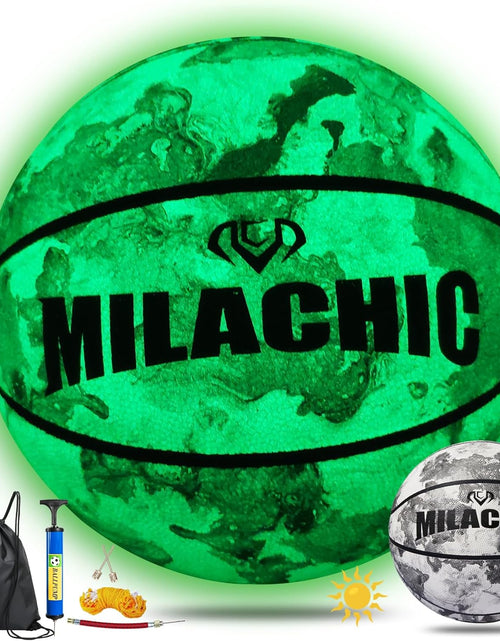 Load image into Gallery viewer, Glow in the Dark Basketball - Glowing Leather Green Light up Gift for Teenagers, Men, Women - Indoor-Outdoor Night Game with Pump (Size 5/6/7)
