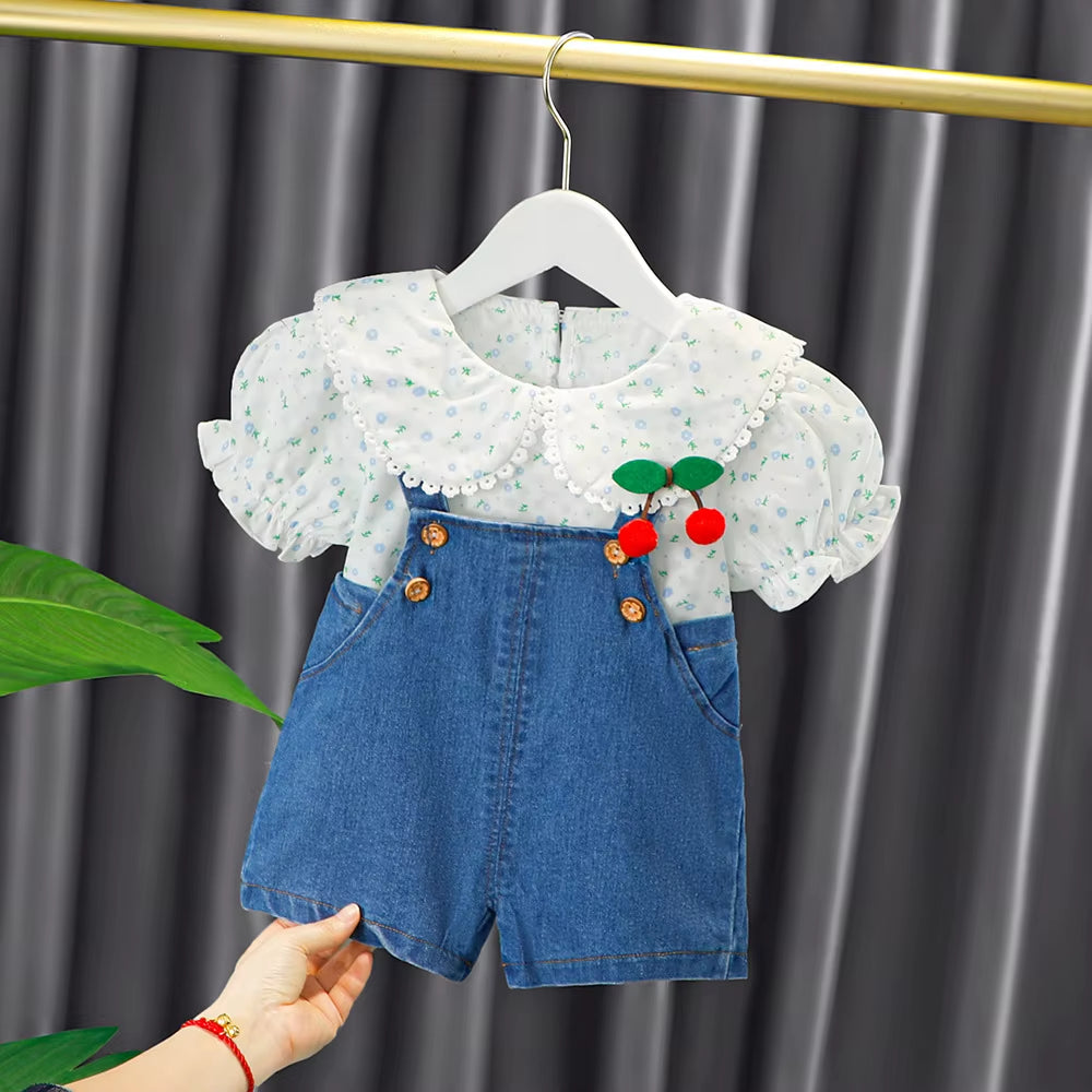 New Summer Newborn Girl Baby Clothes Outfit Sets Floral Shirt + Denim Overalls Suit for Girls Baby Clothing 1 Year Birthday Sets
