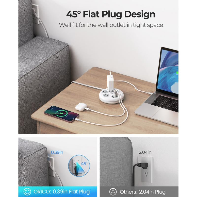 ORICO Travel Power Strip, Travel Essentials, Travel Extension Cord with 3 Outlets 3 USB Ports, 4FT Wrapped around Extension Cord for Travel Cruise Ship Beach Vacation Essentials White-Or-3A3U