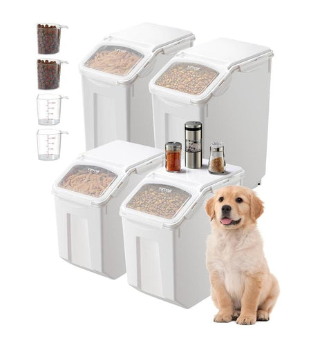 VEVOR Rice Storage Container, 3.5Gal/15Lx2 + 4.5Gal/20Lx2 Large Dog Food Dispenser Bin, Kitchen Ingredient Grain Cereal Bin, Pet Food Containers with Wheels, 4 Measuring Cups, Airtight Lid, 4 Pack