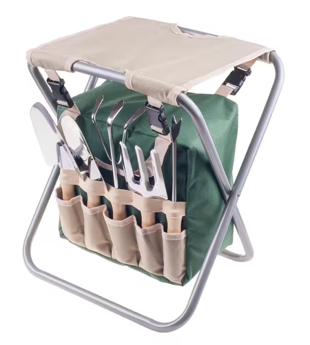 Folding Garden Stool with Tool Bag plus 5 Garden Tools