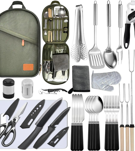 Camping Cooking Set- 31 Pcs Camping Utensils Camping Essentials Camping Gear for Camp Kitchen Cooking and Grilling Portable Outdoor Cooking Travel Set for RV Tent Camper BBQs Camping Accessories