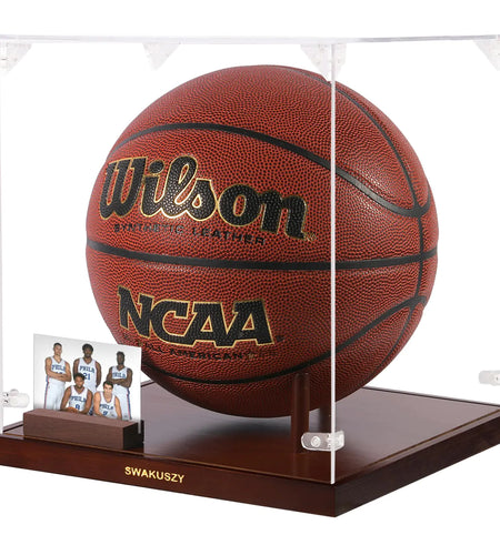 Basketball Display Case 10.2" Clear Acrylic with Solid Wood Base Basketball Case Display with Photo Stand & Corner Guards Basketball Case Display Clear for Full-Size Basketball Memorabilia