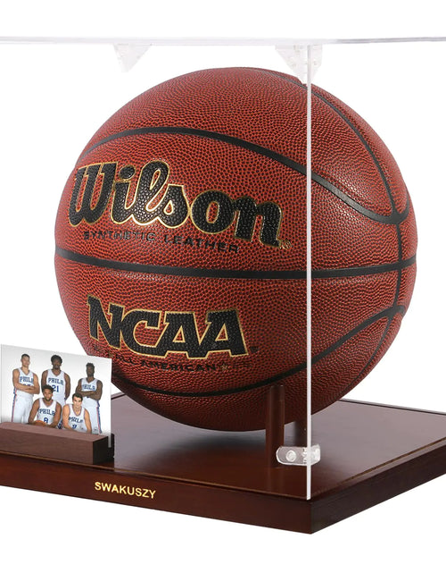 Load image into Gallery viewer, Basketball Display Case 10.2" Clear Acrylic with Solid Wood Base Basketball Case Display with Photo Stand &amp; Corner Guards Basketball Case Display Clear for Full-Size Basketball Memorabilia
