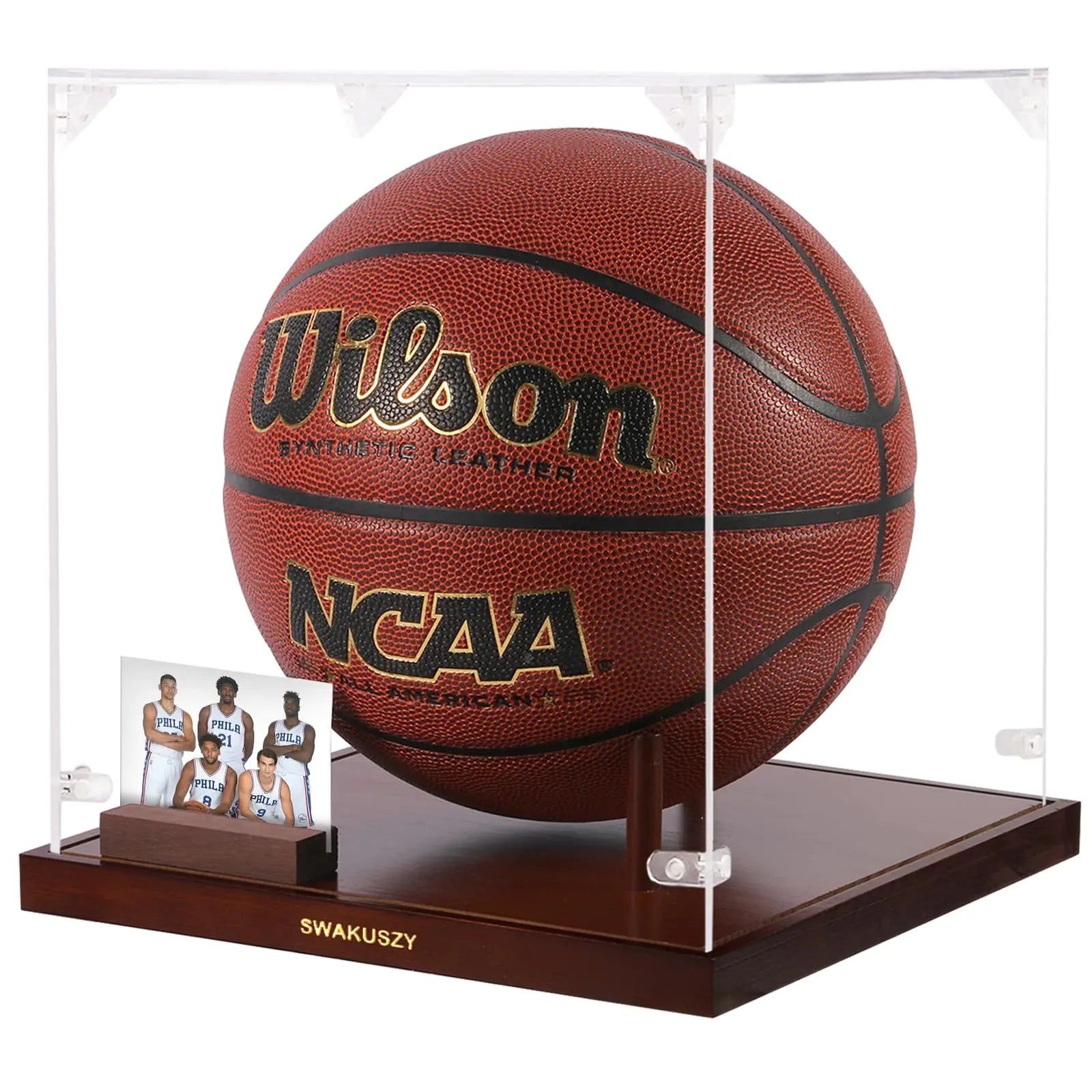 Basketball Display Case 10.2" Clear Acrylic with Solid Wood Base Basketball Case Display with Photo Stand & Corner Guards Basketball Case Display Clear for Full-Size Basketball Memorabilia