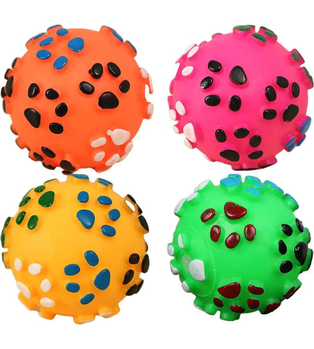 EFWEL Paw Print Squeaky Dog Toy Balls Pack of 4 Pet Toys for Puppy or Small Breeds Assorted Colors