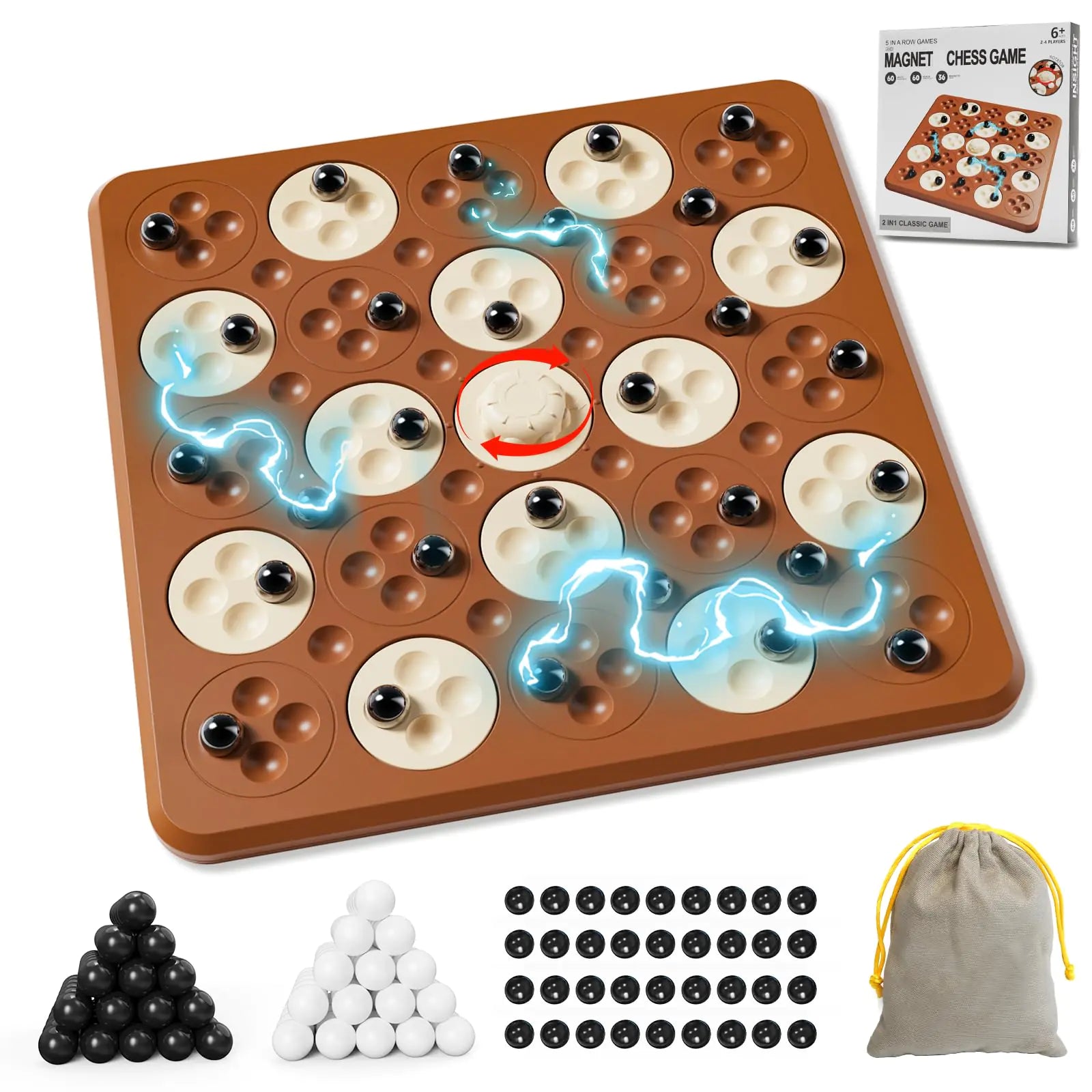 Magnetic Game Chess Magnet Game Board Games for Adults Kids Family Night 2 in 1 Multiplayer Board Games Magnetic Game with 36 Magnetic Pieces Connect 5 Piece with 120 Plastic Pieces (Brown)