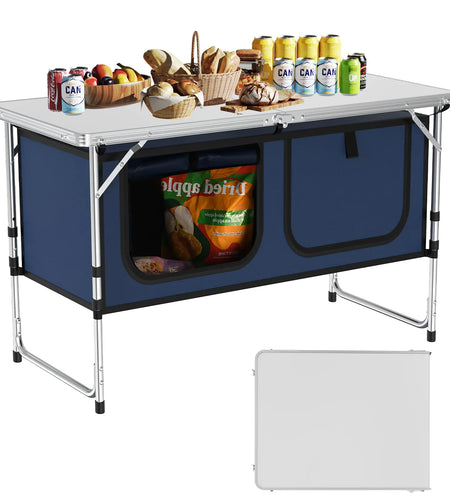 WildFinder Camping Table Folding Camping Table with Storage Lightweight & Portable 3 Heights Adjustable Folding Table for BBQ Camping Picnic and Indoor Use Dark Blue