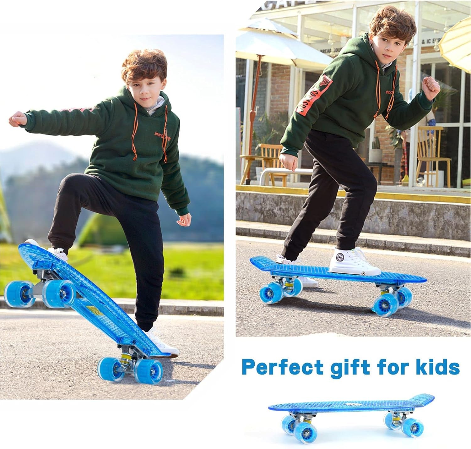 22 Inch Skateboard- with Led Light up Wheels for Beginners,Complete Mini Cruiser Retro Skateboard for Kid,Smooth Riding,Durable Polypropylene with Pu Wheels
