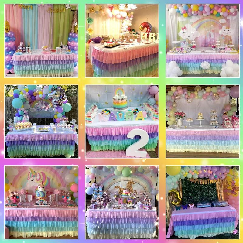 Pastel Rainbow Table Skirt Ruffle Party Tablecloth for Rectangle Table 6Ft Birthday Party Baby Shower