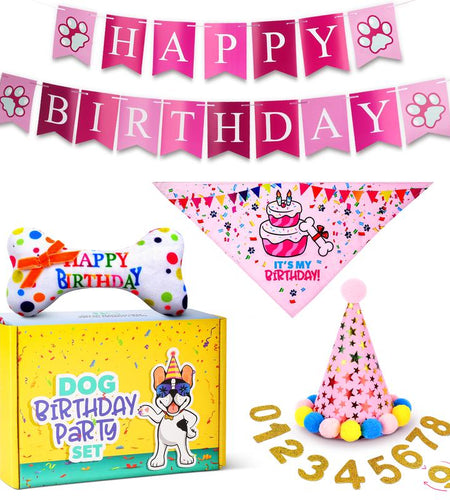 Pacific Pups - Dog Birthday Party Set - Dog Birthday Hat, Birthday Dog Bandanna, Squeaky Dog Toy, Birthday Banner for Pet Birthday Party