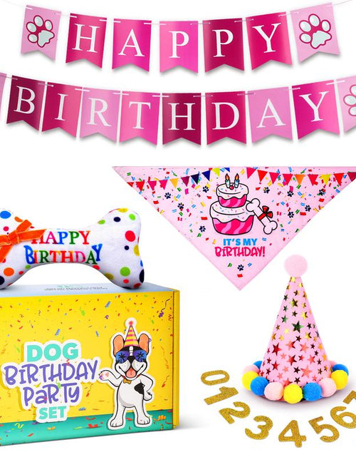 Load image into Gallery viewer, Pacific Pups - Dog Birthday Party Set - Dog Birthday Hat, Birthday Dog Bandanna, Squeaky Dog Toy, Birthday Banner for Pet Birthday Party
