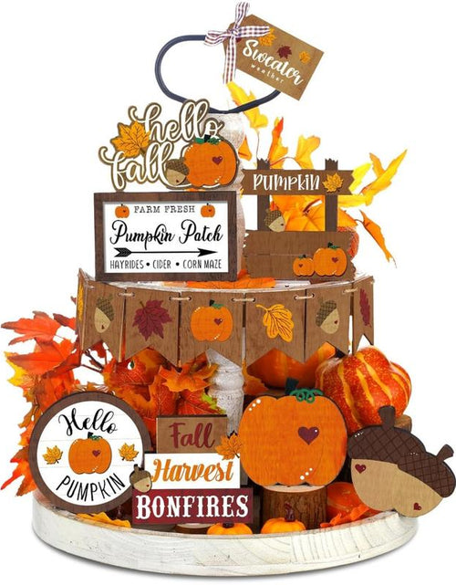 Load image into Gallery viewer, 15 Pcs Fall Tiered Tray Decor Set Hello Fall Decor Autumn Wood Signs Thanksgiving Orange Brown Table Signs Farmhouse Wooden Maple Pumpkin Gnomes Tabletop for Festival Home Decor(Autumn)
