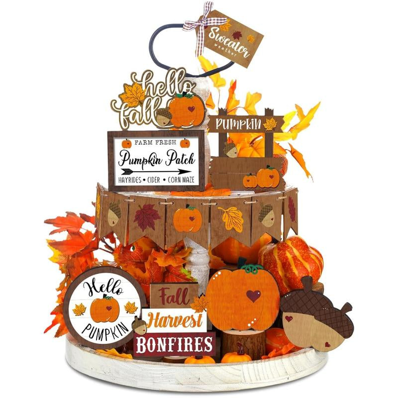 15 Pcs Fall Tiered Tray Decor Set Hello Fall Decor Autumn Wood Signs Thanksgiving Orange Brown Table Signs Farmhouse Wooden Maple Pumpkin Gnomes Tabletop for Festival Home Decor(Autumn)