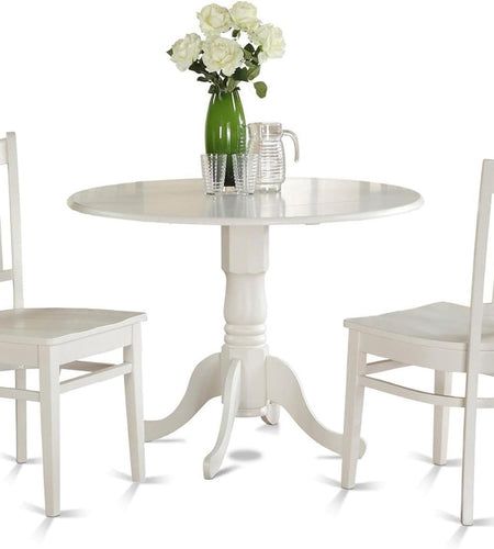 DLGR3-WHI-W 3 Piece Dining Table Set for Small Spaces Contains a round Dining Room Table with Dropleaf and 2 Wood Seat Chairs, 42X42 Inch, Linen White