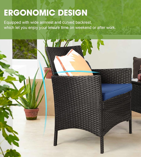 3 Piece Patio Furniture Set, Outdoor PE Rattan Wicker Chairs with Soft Cushion and Coffee Table, Conversation Set for Yard Backyard Lawn Porch Poolside Balcony, Black/Blue