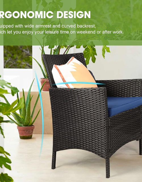Load image into Gallery viewer, 3 Piece Patio Furniture Set, Outdoor PE Rattan Wicker Chairs with Soft Cushion and Coffee Table, Conversation Set for Yard Backyard Lawn Porch Poolside Balcony, Black/Blue
