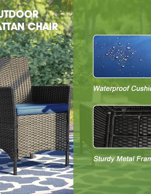 Load image into Gallery viewer, 3 Piece Patio Furniture Set, Outdoor PE Rattan Wicker Chairs with Soft Cushion and Coffee Table, Conversation Set for Yard Backyard Lawn Porch Poolside Balcony, Black/Blue
