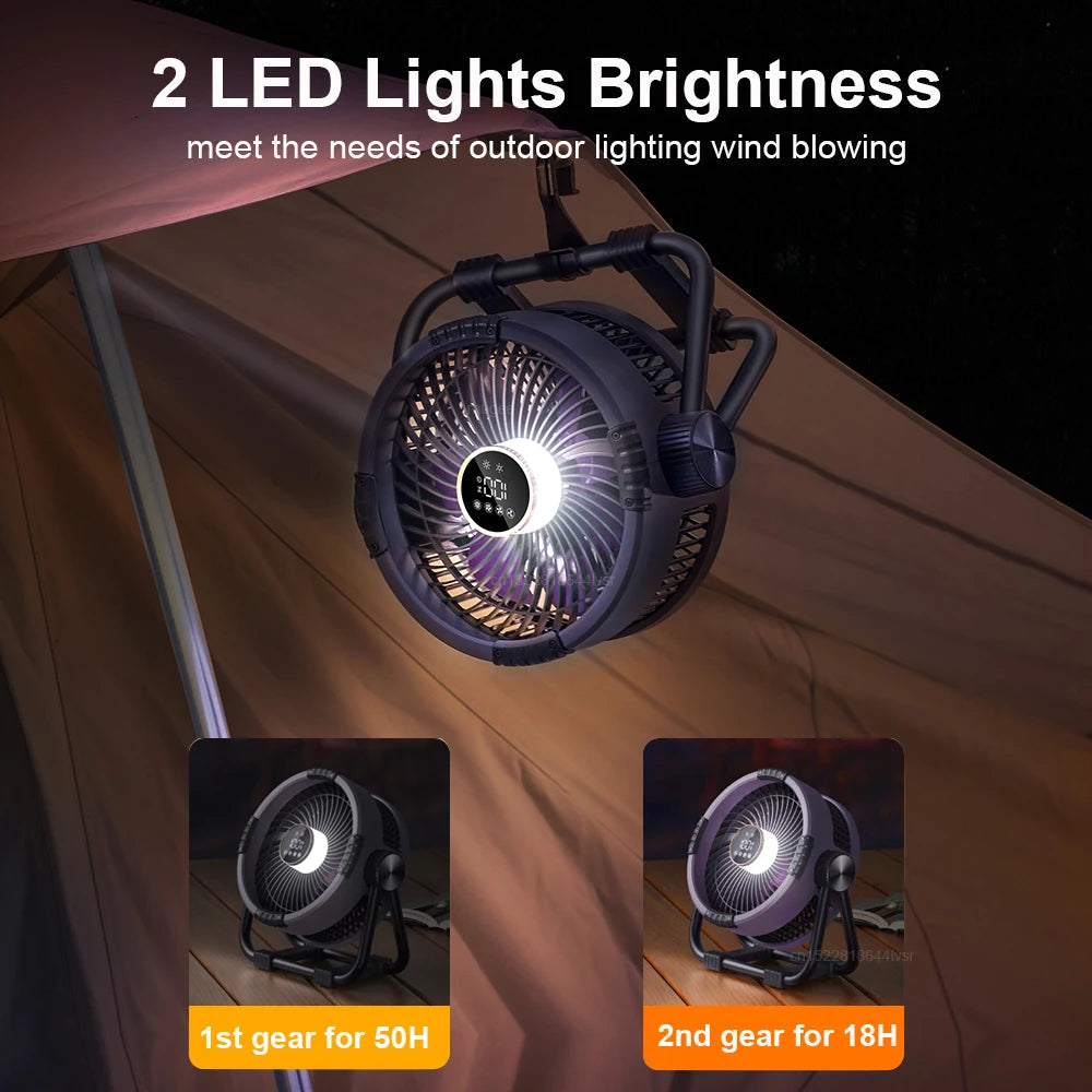 Camping Fan 20000Mah Rechargeable Portable Outdoor Camping Fan Wireless Camping Air Circulator Tent Ceiling Fan with LED Light