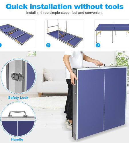 6Ft Mid-Size Table Tennis Table Foldable & Portable Ping Pong Table Set for Indoor & Outdoor Games with Net, 2 Table Tennis Paddles and 3 Balls