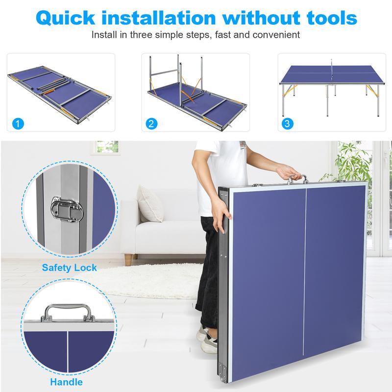 6Ft Mid-Size Table Tennis Table Foldable & Portable Ping Pong Table Set for Indoor & Outdoor Games with Net, 2 Table Tennis Paddles and 3 Balls