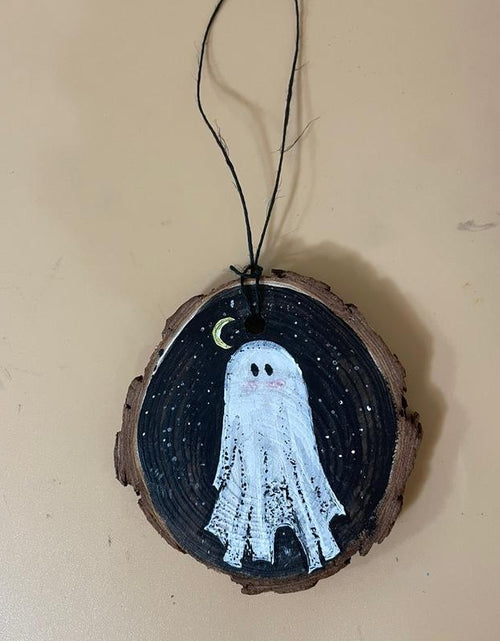 Load image into Gallery viewer, Wooden Hand Painted Halloween Decor - Handpainted Ghost on Wooden Circle Spooky Ornaments Decoration

