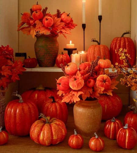 PARTY JOY 4PCS Maple Leaves Bunch with Silk Pumpkin Autumn Floral Stems for DIY Arrangment Fall Decor Fall Decorations for Home