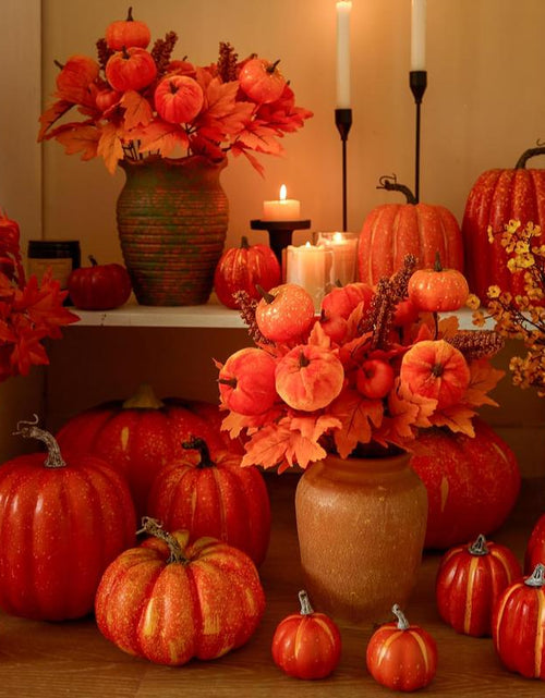 Load image into Gallery viewer, PARTY JOY 4PCS Maple Leaves Bunch with Silk Pumpkin Autumn Floral Stems for DIY Arrangment Fall Decor Fall Decorations for Home
