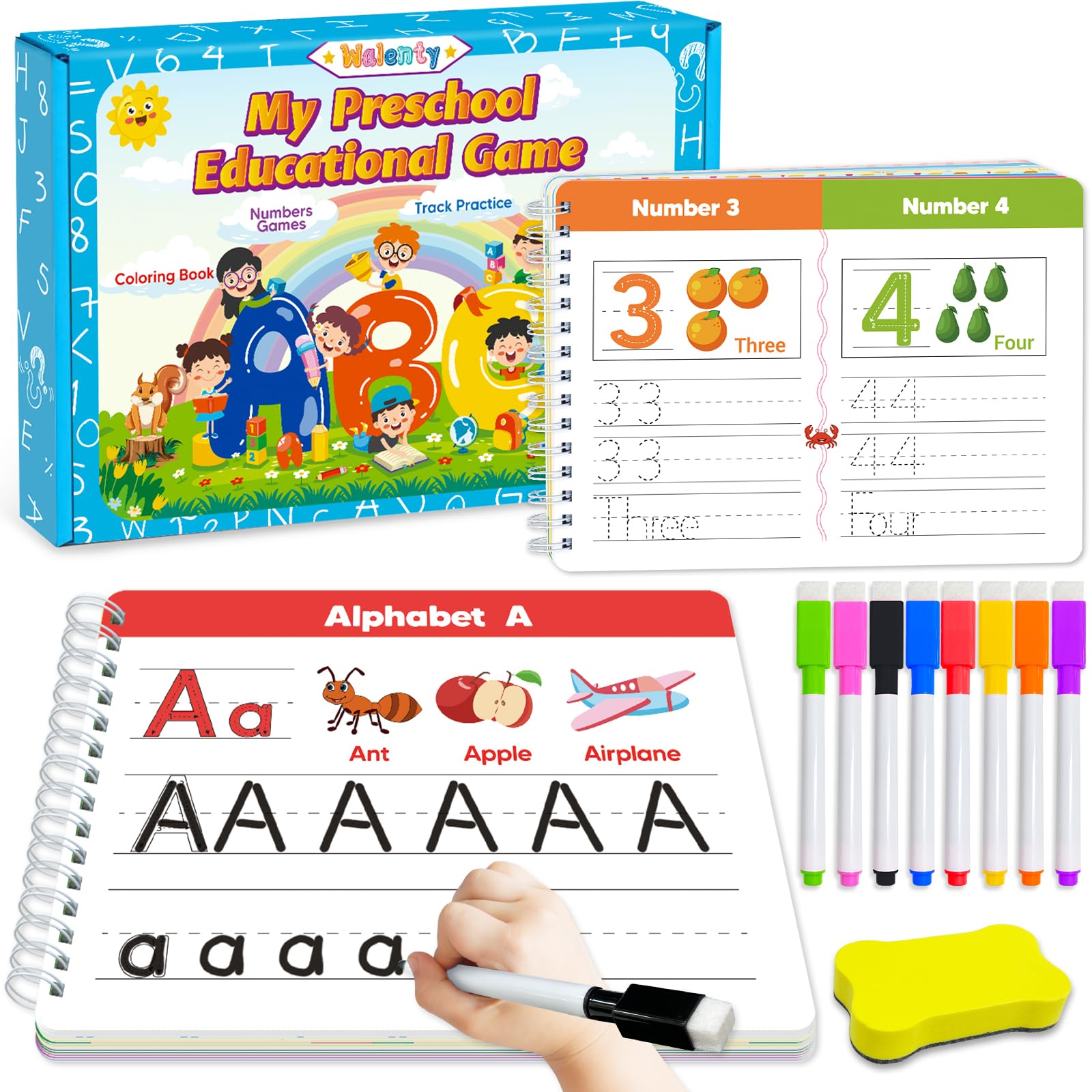 Walenty Preschool Learning Activities Kindergarten Workbooks Toddler Busy Book Handwriting Practice Activity Tracing Book for Kids 3-5 Montessori Educational Toys Gifts for 3 4 5 Year Old Boy Girl