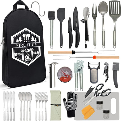 Grilling and Camping Cooking Utensils Set for the Outdoors BBQ - Camping Utensil Set Camping Kitchen Set Cookware Accessories