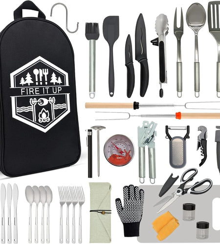 Grilling and Camping Cooking Utensils Set for the Outdoors BBQ - Camping Utensil Set Camping Kitchen Set Cookware Accessories