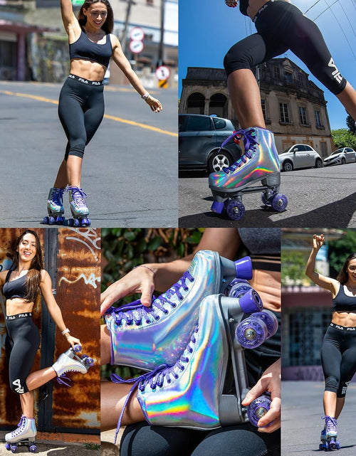 Load image into Gallery viewer, Roller Skates for Women, Holographic High Top PU Leather Rollerskates, Shiny Double-Row Four Wheels Quad Skates for Girls and Age 8-50 Indoor Outdoor (Silver Purple)
