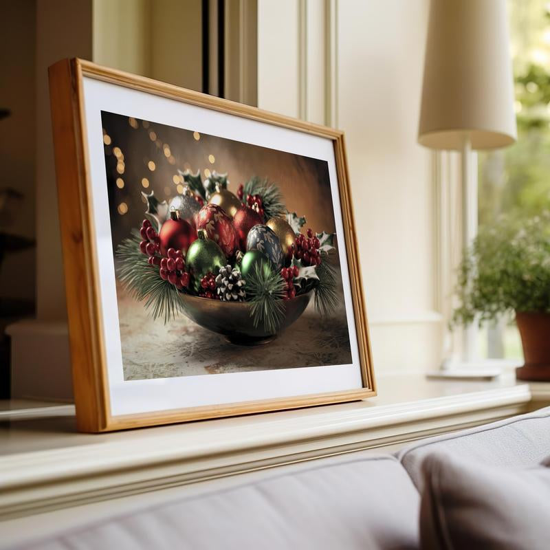 Elegant Christmas Ornament Wall Art Poster - High Quality Holiday Décor Physical Decoration, Aesthetic Holly Ornament Print Picture Unframe