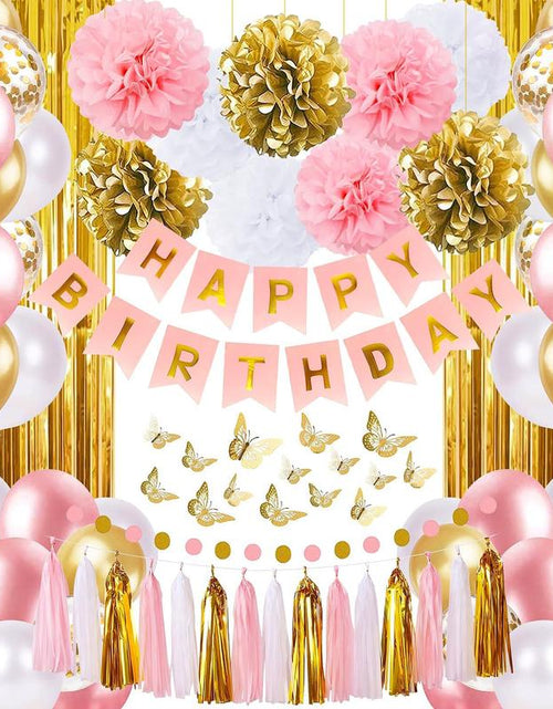 Load image into Gallery viewer, Purple Pink Birthday Party Decorations Set with Happy Birthday Banner, Hanging Swirls, Tissue Paper Pompoms, Circle Dots Garland &amp; More Balloons
