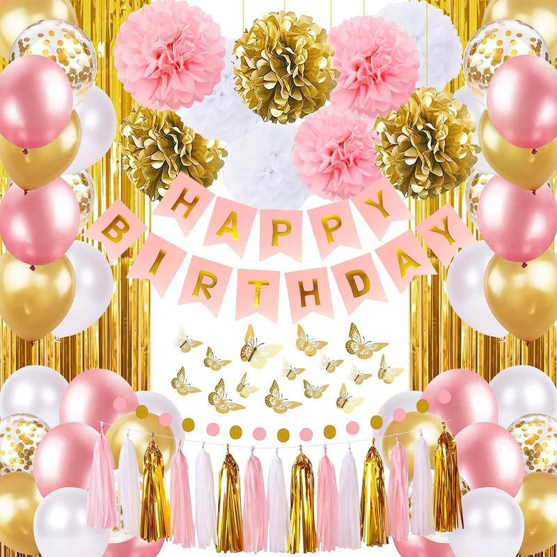 Purple Pink Birthday Party Decorations Set with Happy Birthday Banner, Hanging Swirls, Tissue Paper Pompoms, Circle Dots Garland & More Balloons