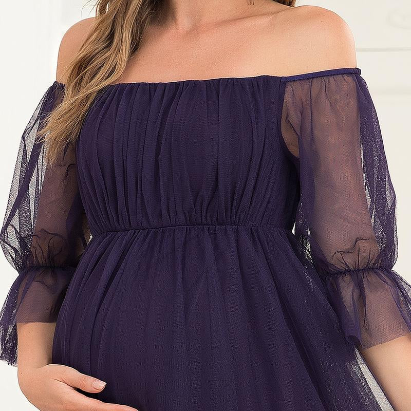 EVER PRETTY Sheer Off-Shoulder Double Skirt Maxi Maternity Dress below the Ankle Square Neckline Long Sleeves Concealed Zipper Back 20862