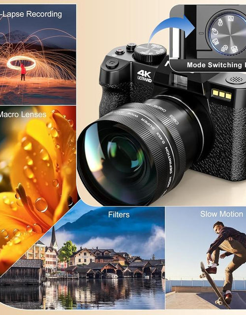 Load image into Gallery viewer, NBD 48MP Digital Cameras - 4K 16X Zoom Travel Camera with 180° Flip Screen, Auto Focus, Macro Lens, 2 Batteries &amp; 32GB SD Card (Black) Tech Gadgets
