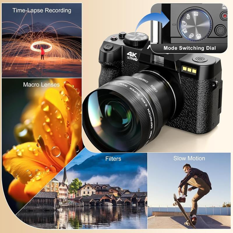 NBD 48MP Digital Cameras - 4K 16X Zoom Travel Camera with 180° Flip Screen, Auto Focus, Macro Lens, 2 Batteries & 32GB SD Card (Black) Tech Gadgets