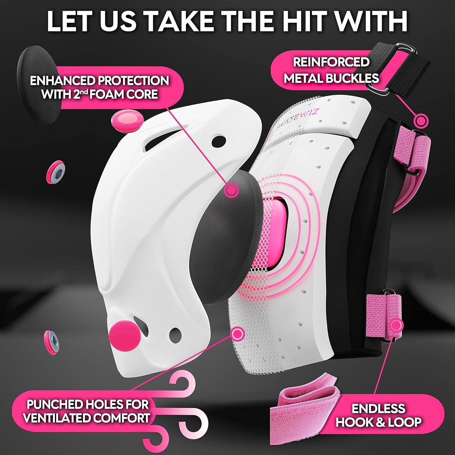 Knee Pads for Kids - Knee and Elbow Pads Set - PROTECT-1 - Size S Pink White - Wrist Guards Skating Protective Gear, Skateboard, Roller Skate, Ice Skates for Kids