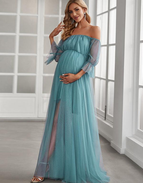 Load image into Gallery viewer, EVER PRETTY Sheer Off-Shoulder Double Skirt Maxi Maternity Dress below the Ankle Square Neckline Long Sleeves Concealed Zipper Back 20862
