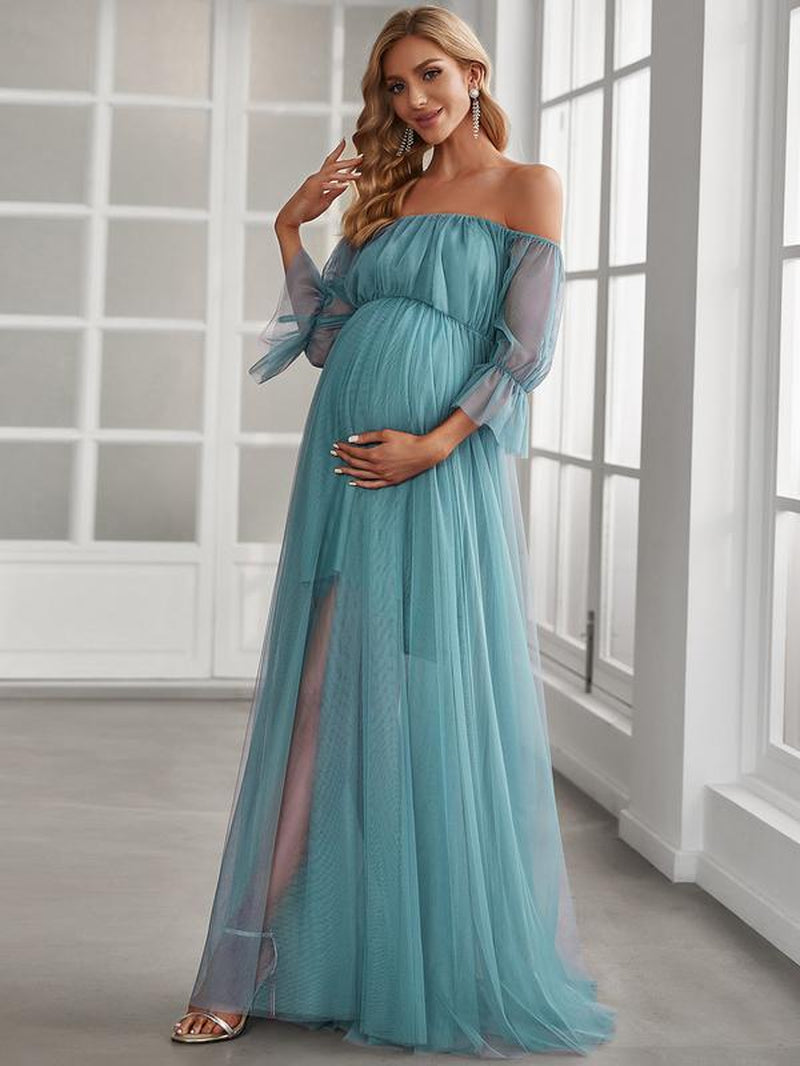 EVER PRETTY Sheer Off-Shoulder Double Skirt Maxi Maternity Dress below the Ankle Square Neckline Long Sleeves Concealed Zipper Back 20862