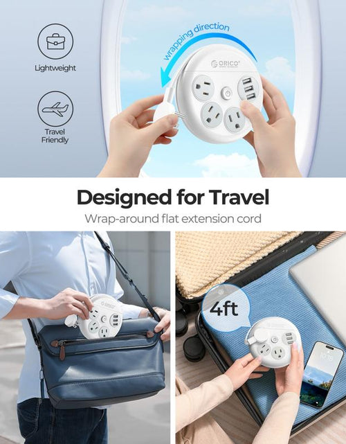 Load image into Gallery viewer, ORICO Travel Power Strip, Travel Essentials, Travel Extension Cord with 3 Outlets 3 USB Ports, 4FT Wrapped around Extension Cord for Travel Cruise Ship Beach Vacation Essentials White-Or-3A3U
