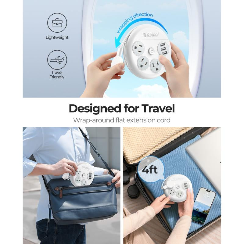 ORICO Travel Power Strip, Travel Essentials, Travel Extension Cord with 3 Outlets 3 USB Ports, 4FT Wrapped around Extension Cord for Travel Cruise Ship Beach Vacation Essentials White-Or-3A3U