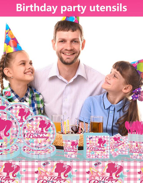 Load image into Gallery viewer, 171 Count Disposable Tableware Birthday Party Supplies Pink Girls Paper Plates Napkins Cups Plastic Tablecloths Pink Girls Tableware Set Birthday Party Decorations Serves 24 Guests
