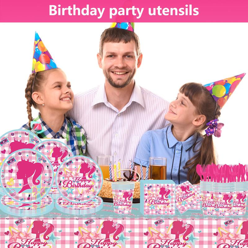 171 Count Disposable Tableware Birthday Party Supplies Pink Girls Paper Plates Napkins Cups Plastic Tablecloths Pink Girls Tableware Set Birthday Party Decorations Serves 24 Guests