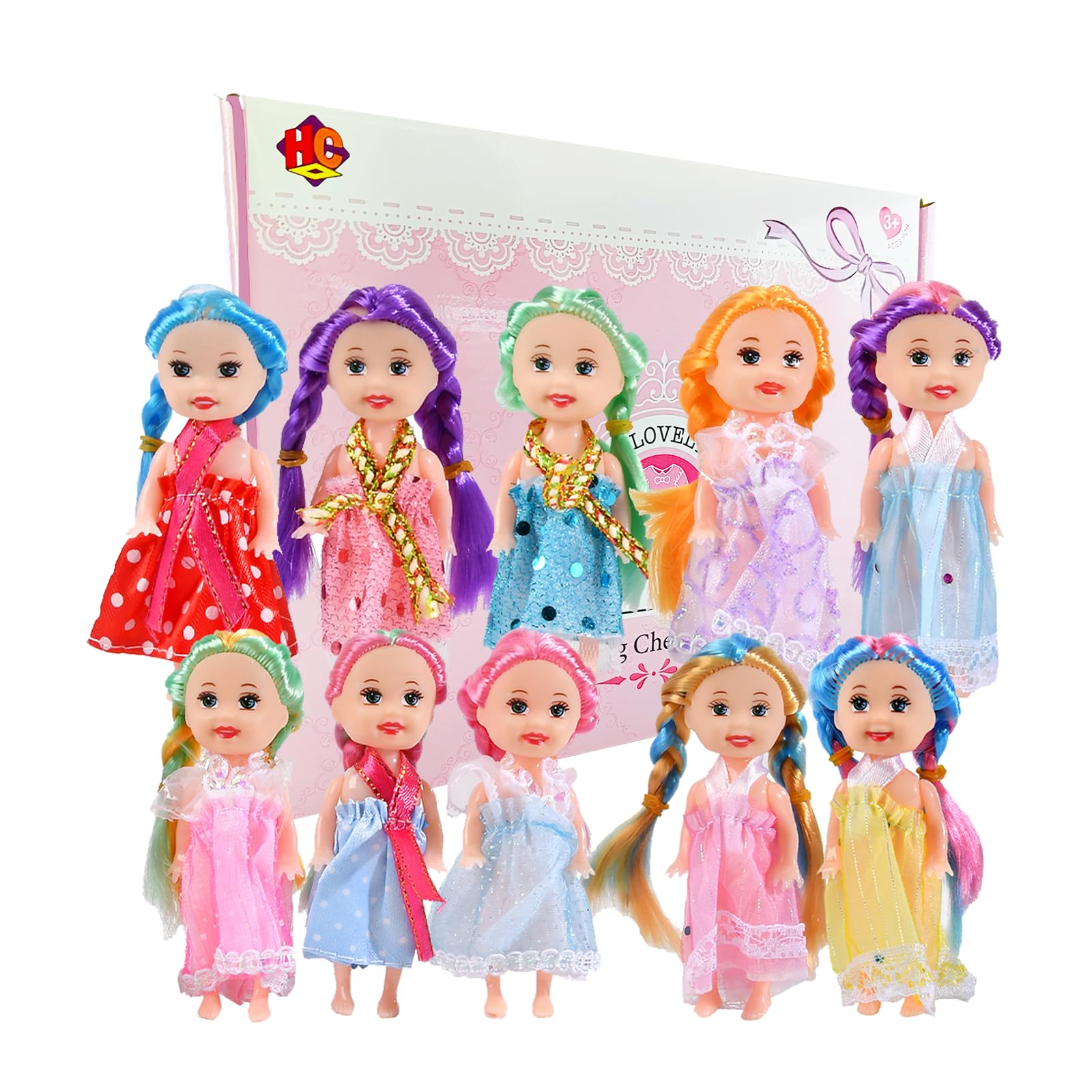 Huang Cheng Toys Mini Dolls for Girls，3 Inch Little Dolls Girl Dolls for Dollhouse，Include 10 Pieces Girl Small Dolls 10 Sets Handmade Doll Clothes